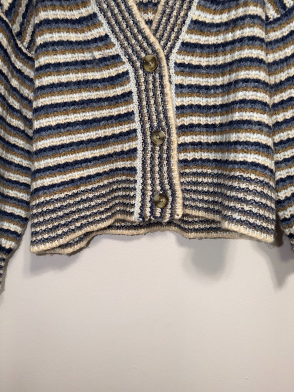 Madewell Striped Cardigan Sweater XXS Blue Tan Button Front Cozy Knit - Picture 5 of 7